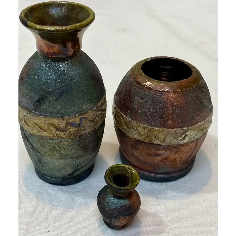 VTG Raku Art Pottery Miniature Vases Artist Signed Randy Snyder